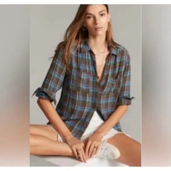 PILCRO The Romy Top Womens Small Olive Teal & Pink Plaid Relaxed Button Shirt - Picture 4 of 8